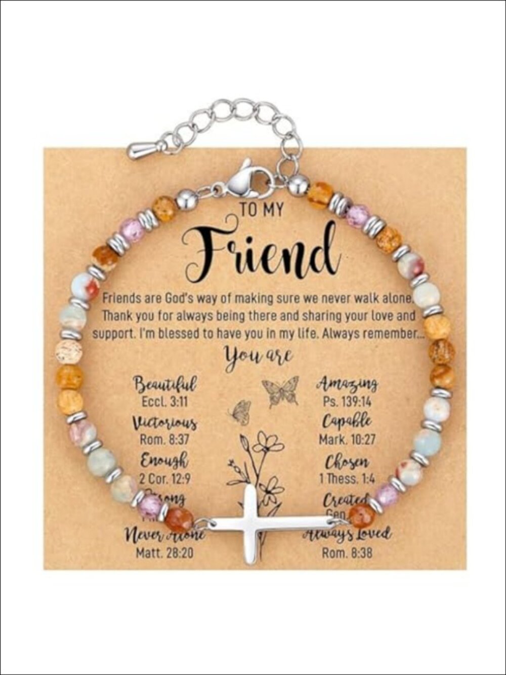 Cross Bracelet Natural Stone Beaded Adjustable Chain Christian Gift for Women